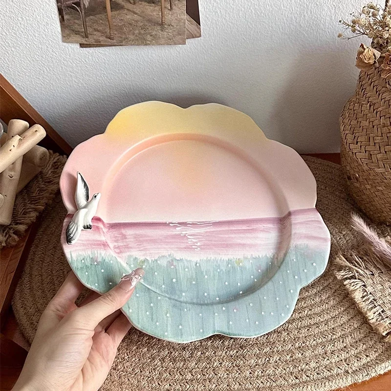 Ceramic Disc Lacework Simple Household Tableware High Appearance Level Hand Painting Plate Kitchen Creative Multipurpose Disk