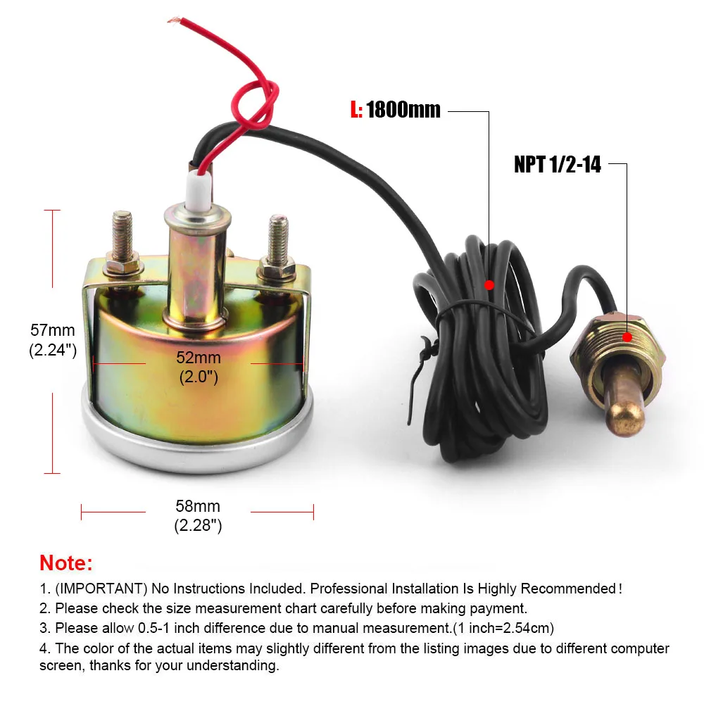 2 52MM 기계식 12V 수온 게이지 38-121 ℃ /100-250 ℉   센서 NPT 1/2-14가 있는 수온 게이지 자동차 미터