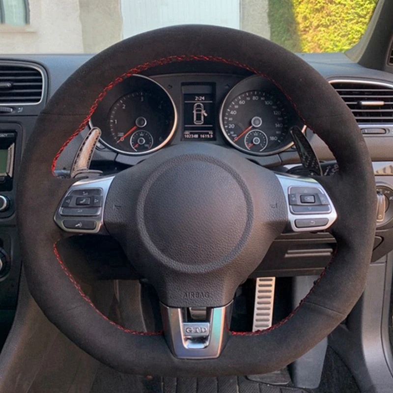 

Чехол на руль автомобиля для Volkswagen Golf 6 GTI MK6 / Polo GTI / Scirocco R, черный чехол из натуральной кожи и замши, автомобильные аксессуары