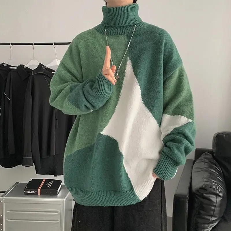 2023 Autumn and Winter Men's New Fashion High Neck Panel Sweater Thick Fashion Loose Relaxed Comfortable Versatile Top