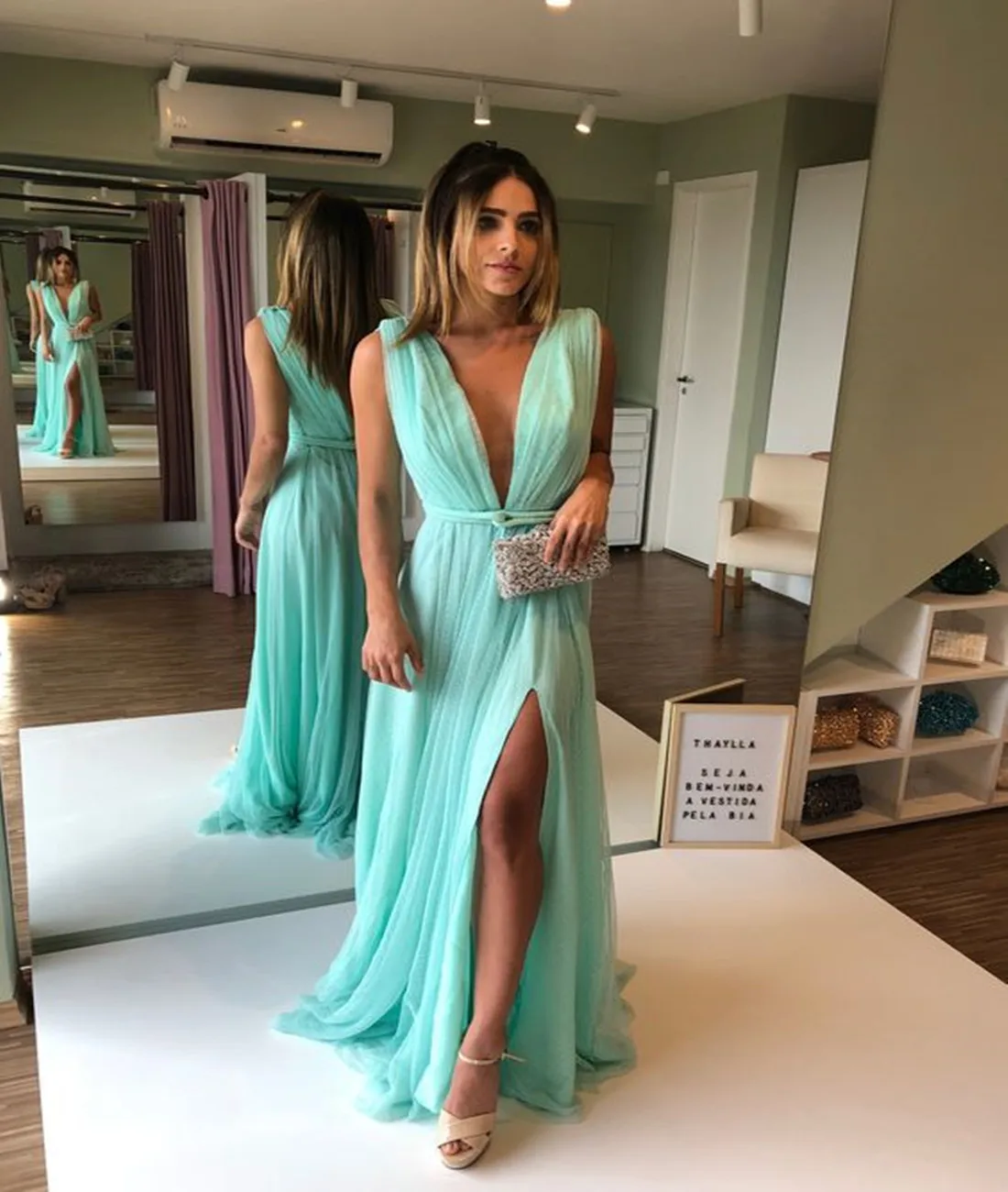 

Sexy Sage Green Deep V-neck Open Back Prom Dress
