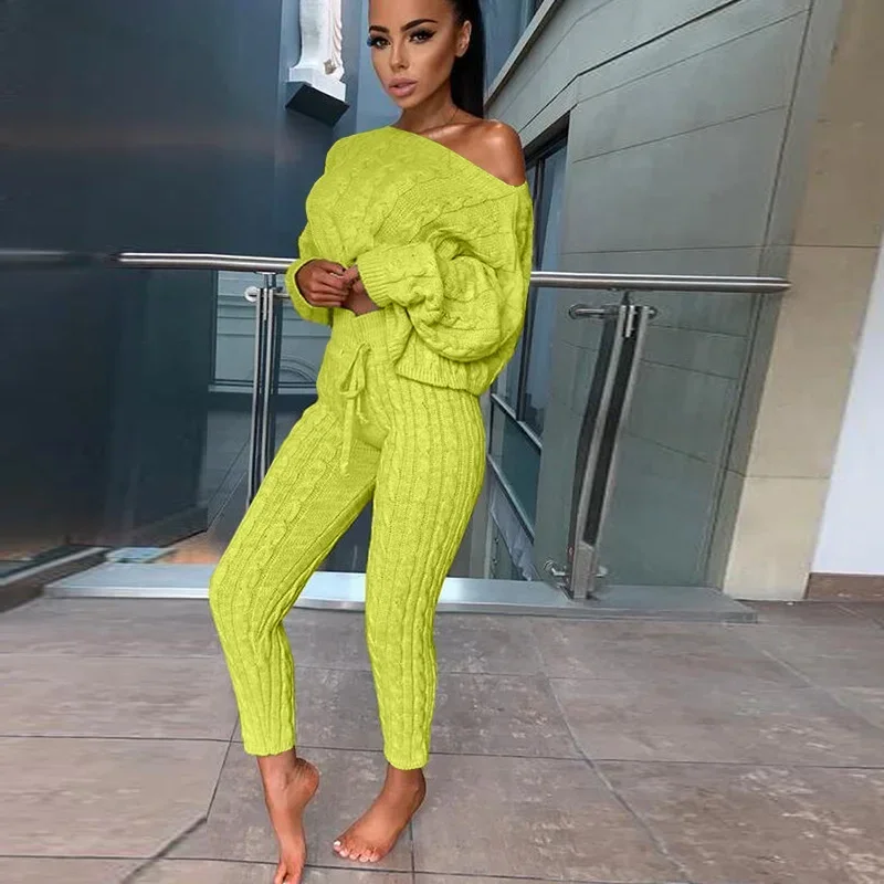 

Женский вязаный комплект из двух предметов, Свободный свитер, Подходящие комплекты, Топы и брюки, Монохромный, Осенне-зимняя мода