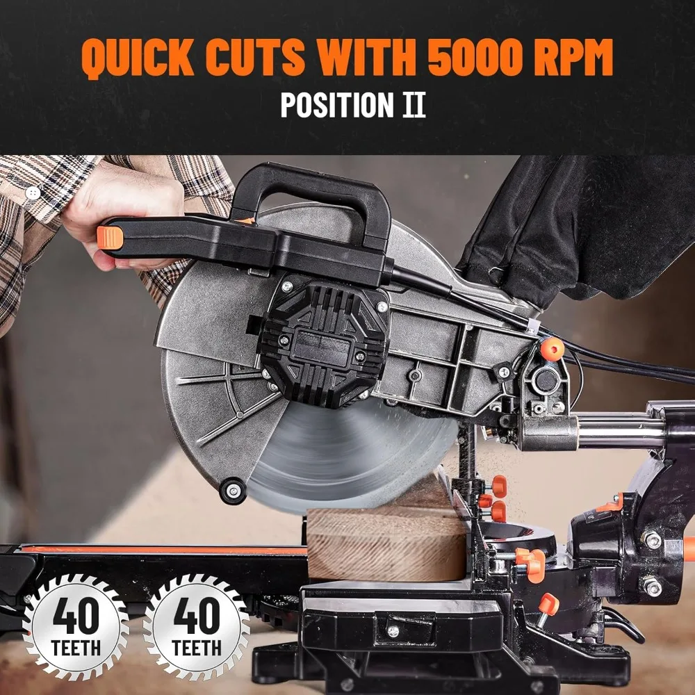 10-Inch Sliding Miter Saw with Laser Guide, 5000/3200RPM Dual Speed, Ambidextrous Design, Max Cut 3.5x13.4in for Wood & Metal