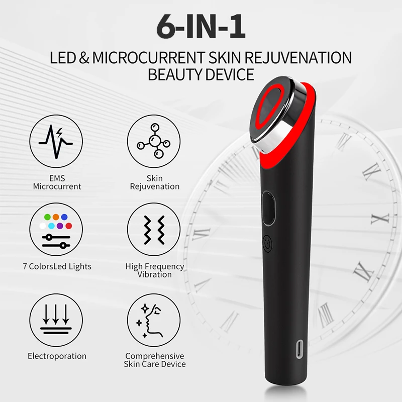 7 Colors Ager Booster Pro 6 in1 Lifting Face Neck therapy Wand LED Vibration Massager Beauty Device 6
