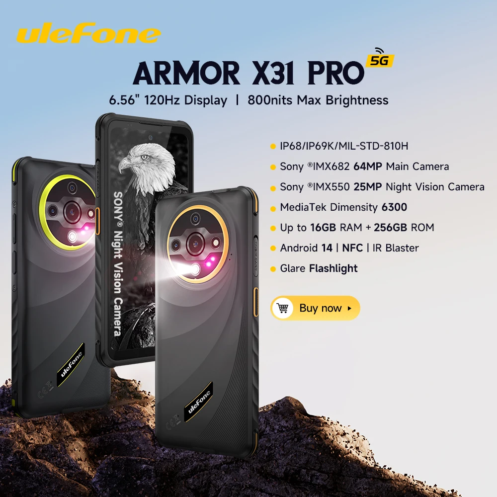 Ulefone Armor X31 Pro 5G Rugged Phone 6.56" 16GB RAM 256GB ROM Night Camera 64MP 6050mAh NFC Android 14 Smartphone