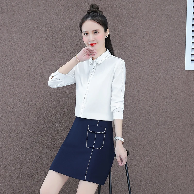 New Women'S Long Sleeve White Shirt High Waist A-Line Skirt Two-Piece Spring And Autumn Fashion Professional Suit Can Wear 105Kg