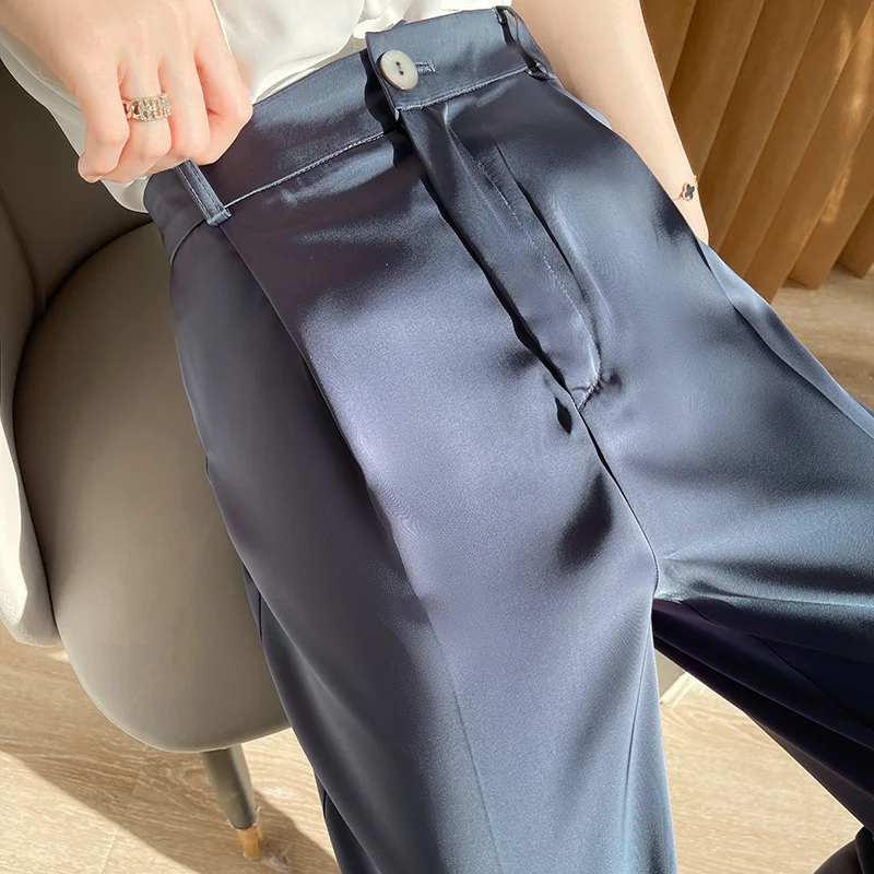 Women's nine-point pants spring/summer silk satin pants casual solid acetate fiber fashion pencil pants office pencil pants