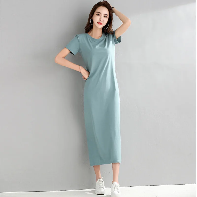 

Split dress summer round collar loose knee-length short sleeve show thin spring and autumn with a long t-shirt skirt white