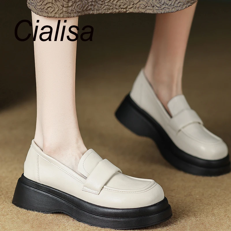 

Cialisa Women Shoes 2023 Spring New Arrival Genuine Leather Platform Round Toe Casual Flats Handmade Chunky Heels Footwear Black