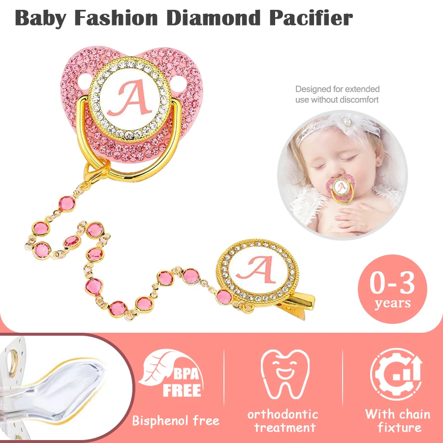 26 Letter Silicone Pacifier Gemstone Pacifier Chain Soft Anti-bite Soothing Sleeping Safe and Durable Soft Easy Sucking