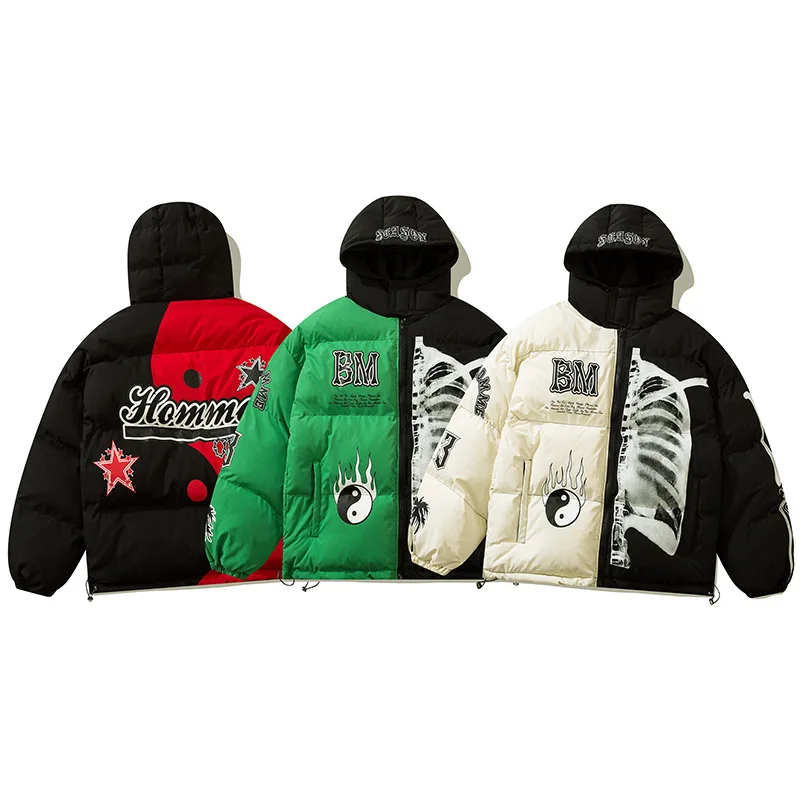 Mens Winter Hooded Parka Jacket Yin Yang Skeleton Print Streetwear Oversized Coat Harajuku Loose Thick Warm Outwear Unisex parka coat,parkas coat