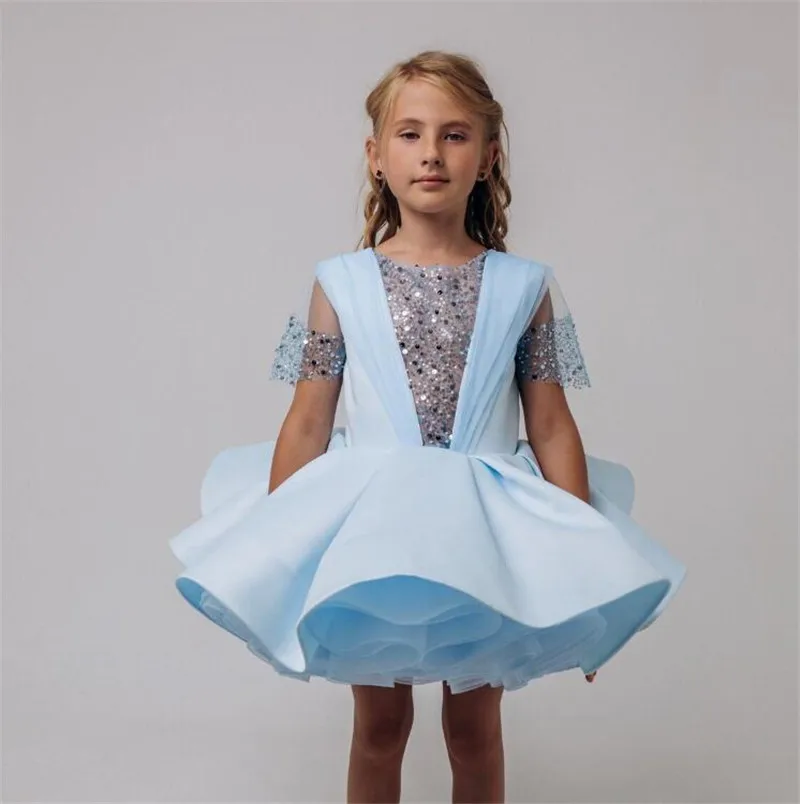 

Cute Puffy Girls Birthday Dress Satin Tiers Tulle Knee Length Princess Flower Girl Dress Kid Tutu Outfit Photoshoot