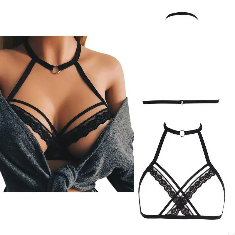P8DB Womens Sexy Cage Halter V-Neck Lingerie Bustier Hollow Open Cup Harness Bra Cris