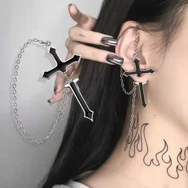 

Fashion Gothic Cool Handsome Exaggerated Cross Chain Piercing Earrings Earbones Suitable for Men and Women Jewelry Gifts for Her