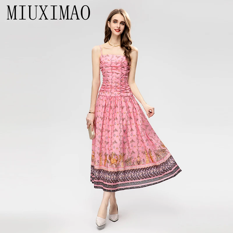 

MIUXIMAO 2023 Spring&Summer Elegant Dress Sleeveless Flower Print Fashion Long Cake Dress Women Vestides Beach Dress