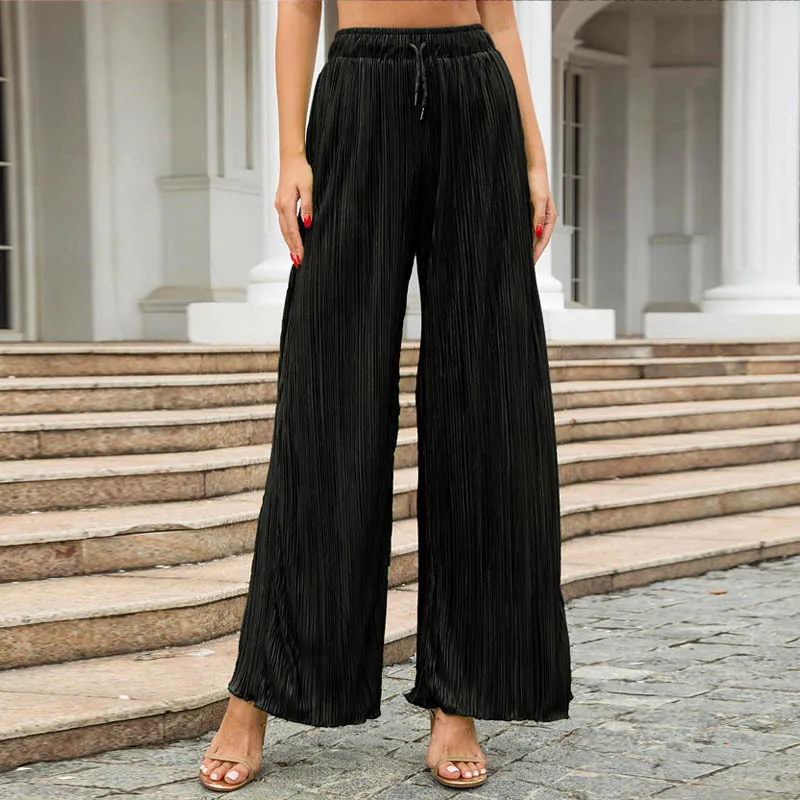 Simplicity Trendy Spring Autumn Women's Solid Elasticized High Waisted Drawstring Folds Loose Straight Casual Wide Leg Pants