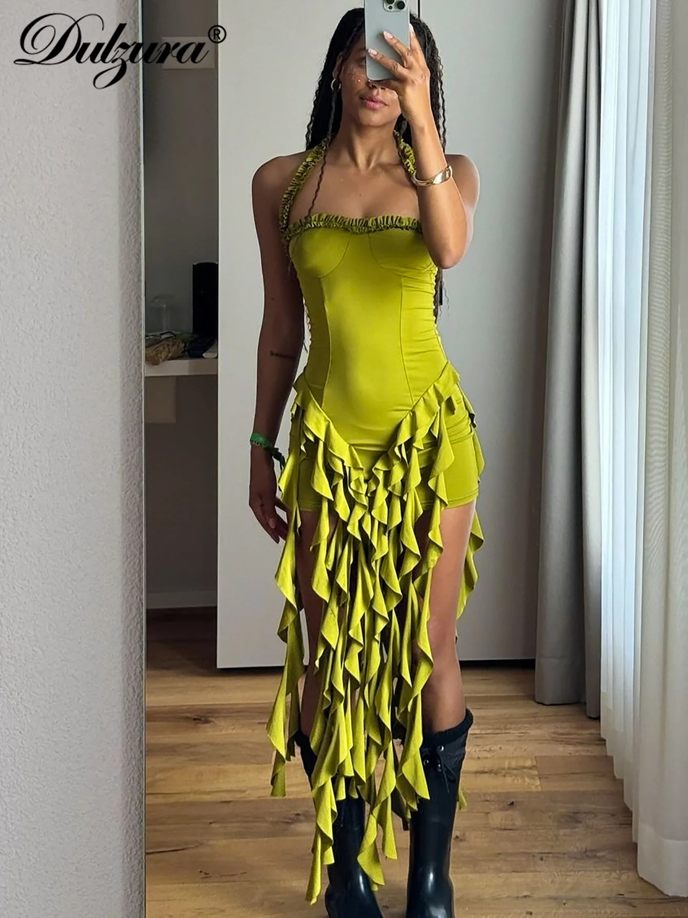 Dulzura Sleeveless Halter Ruffles Patchwork Mini Dress Women’S Solid Sexy Outfit Prom Party Clubwear Autumn Winter Clothes 3