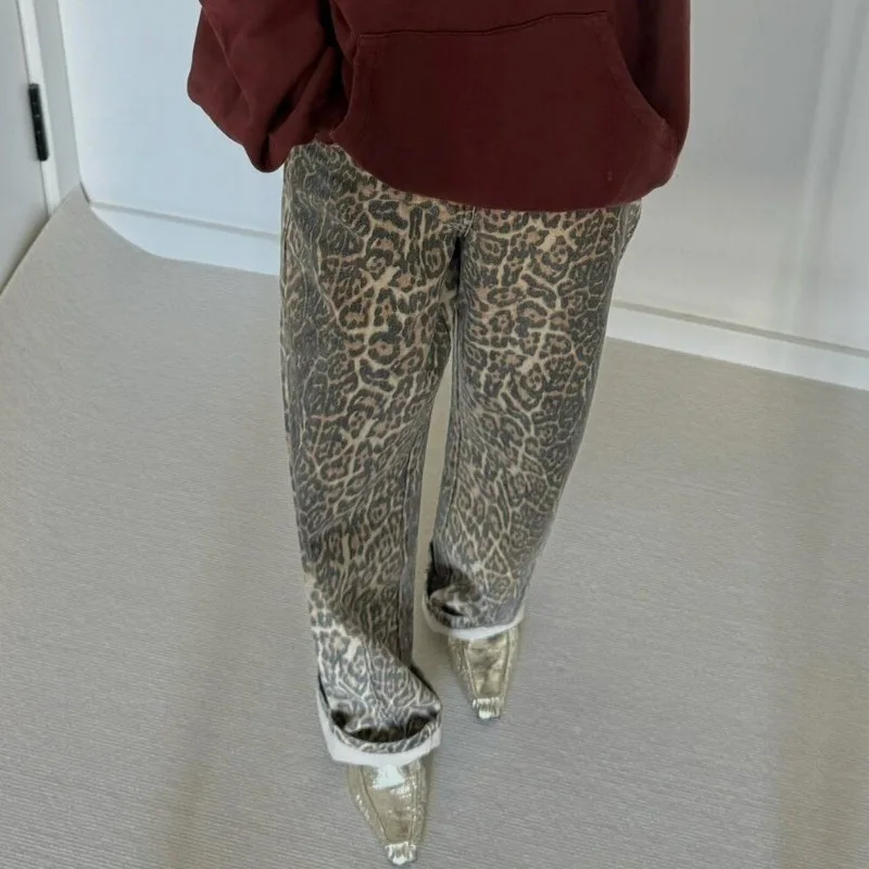 Deeptown Vintage Y2k Baggy Leopard Jeans Frau Streetwear Hippie breite Jeans hose Harajuku Gyaru lässig Frühling lose Hose