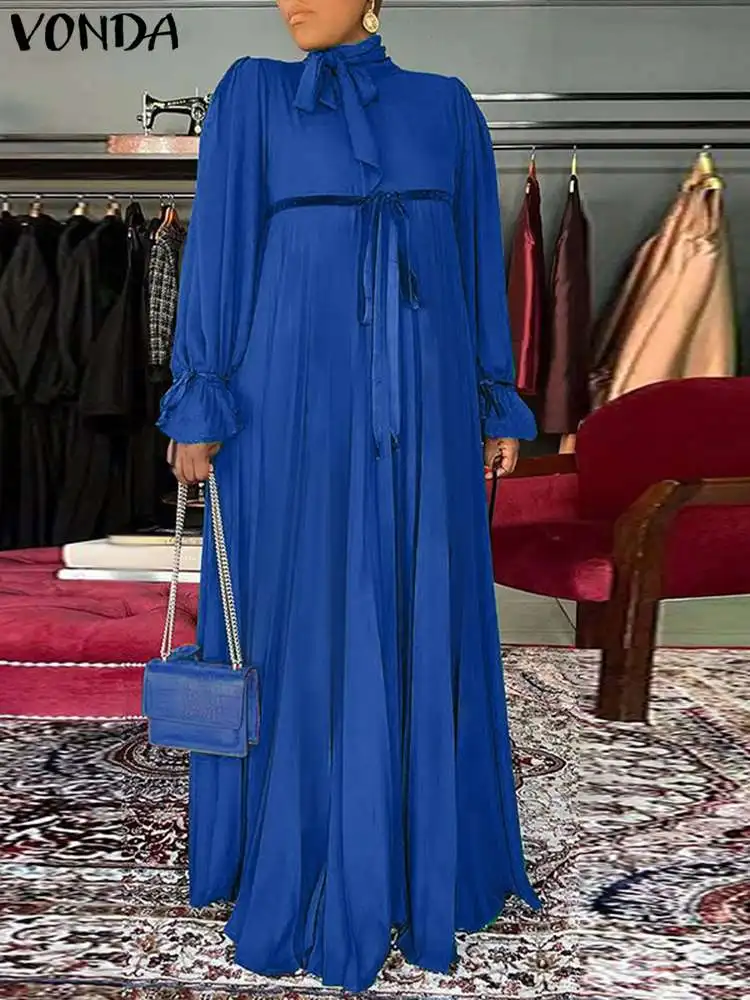 

VONDA Long Maxi Dress 2023 Autumn Women Long Sleeve Bandage Casual Solid Party Sundress Fashion Stand Collar Vestidos Oversized