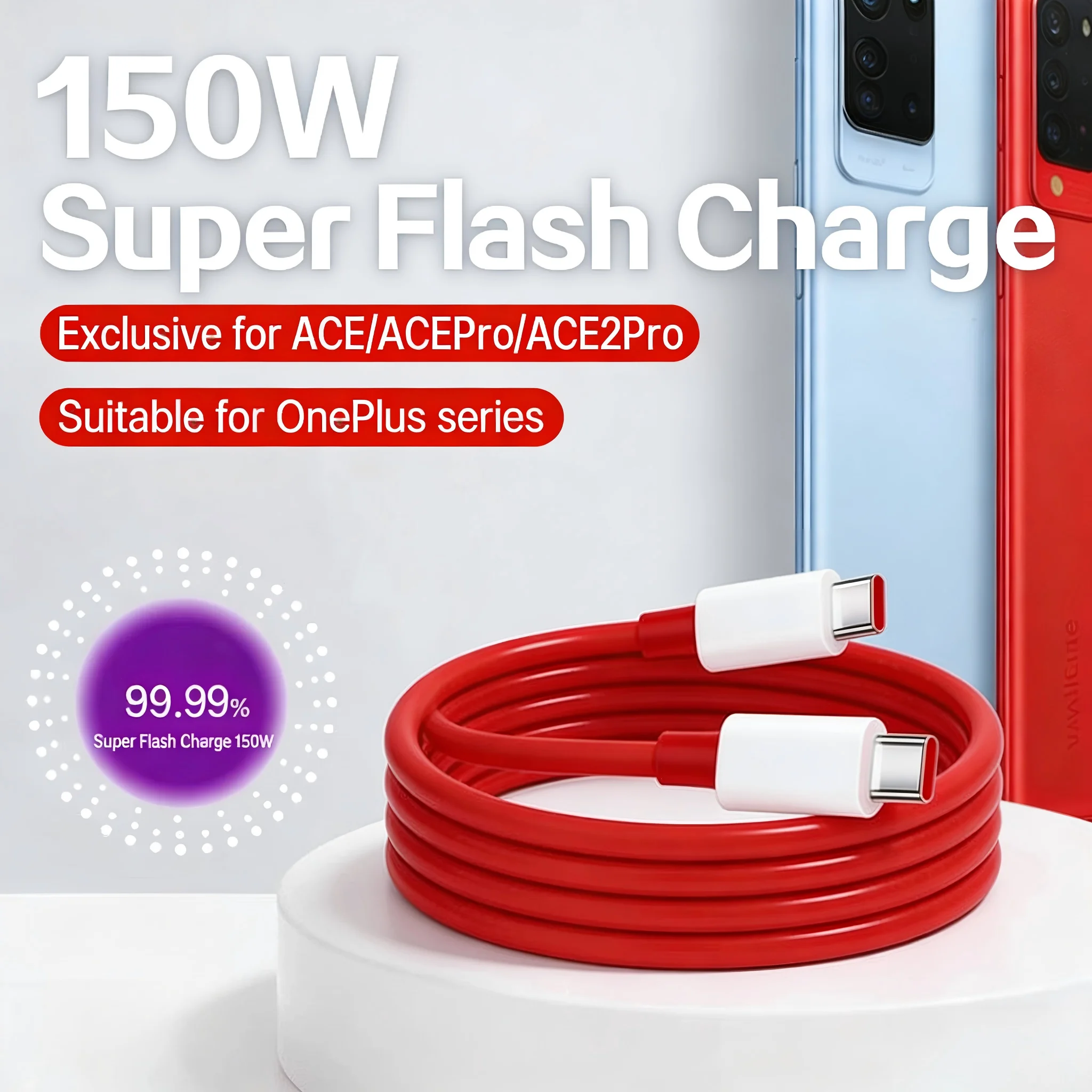 High-Speed USB Type-C Fast Charging Cable, 150W/100W/80W Supervooc 2.0 Warp Charger Compatible