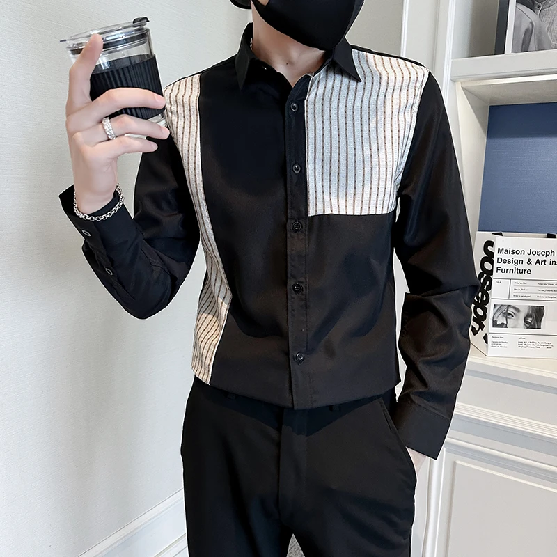 Men's Spring High Quality Long Sleeve Shirts/Male Slim Fit Fashion Color Matching Lapel Business Shirts Plus Size 3XL-M