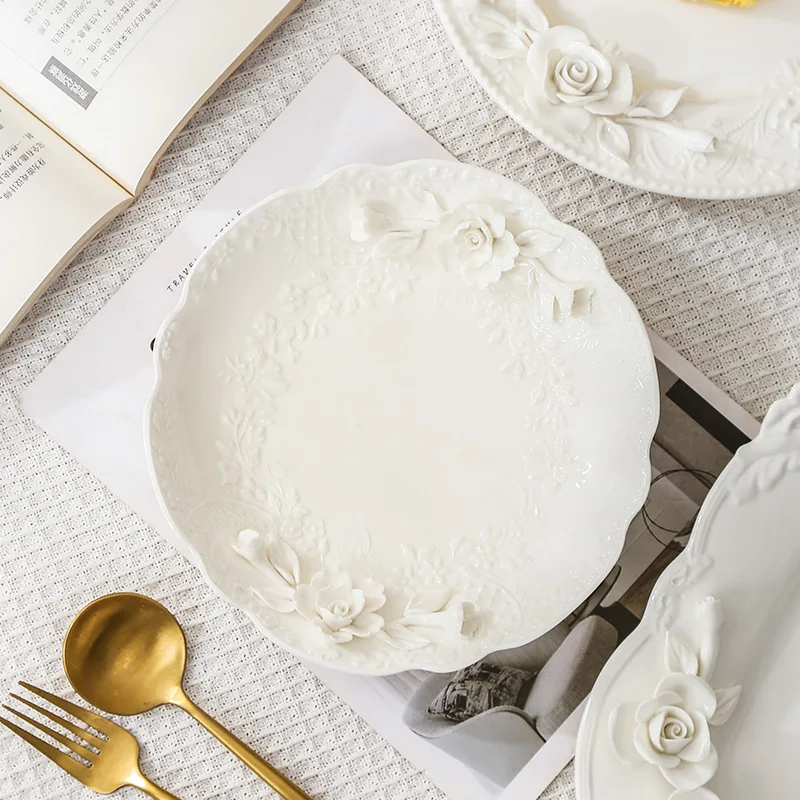 Flower Relief Ceramic Plate Breakfast Fruit Salad Dinner Plates Hotel Restaurant Western Plate Kitchen Dessert Plate Cutlery 5