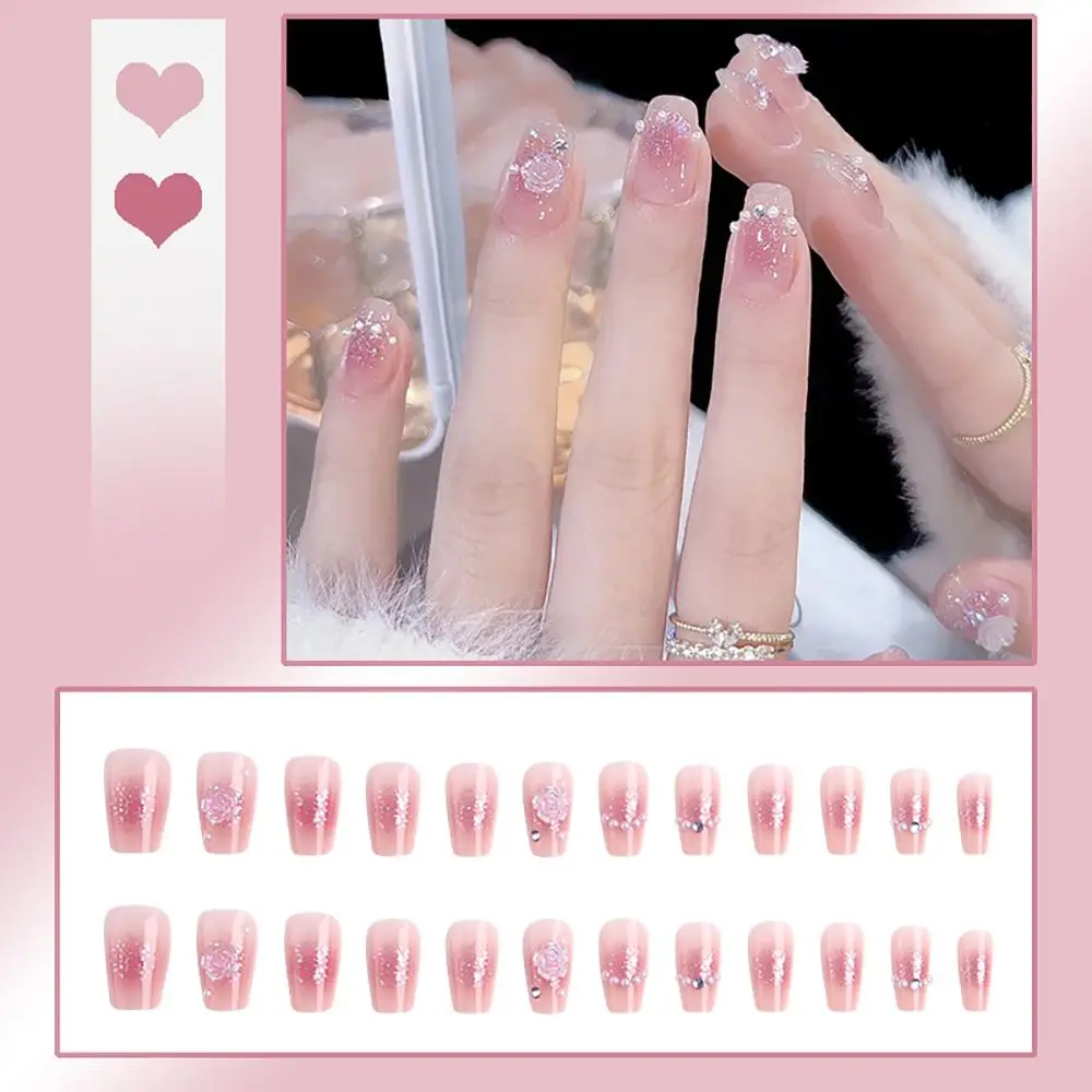 

24pcs Full Cover Gentle Fake Nail Medium Length Pink Rose False Nails Reusable French Style Nails for Women Girl