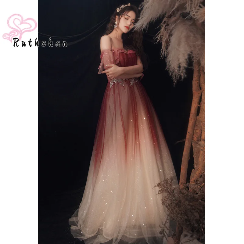 Fashion Gradient Prom Dresses for Women 2023 Off Shoulder Sparkly with Appliques Vestido De Festa Luxury Night Dress
