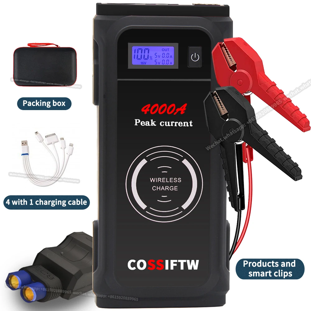 

Car Battery Charger 4000A Jump Starter 24000mAh Power Bank With 65W Wireless Charger Portable Auto Booster Starting Device