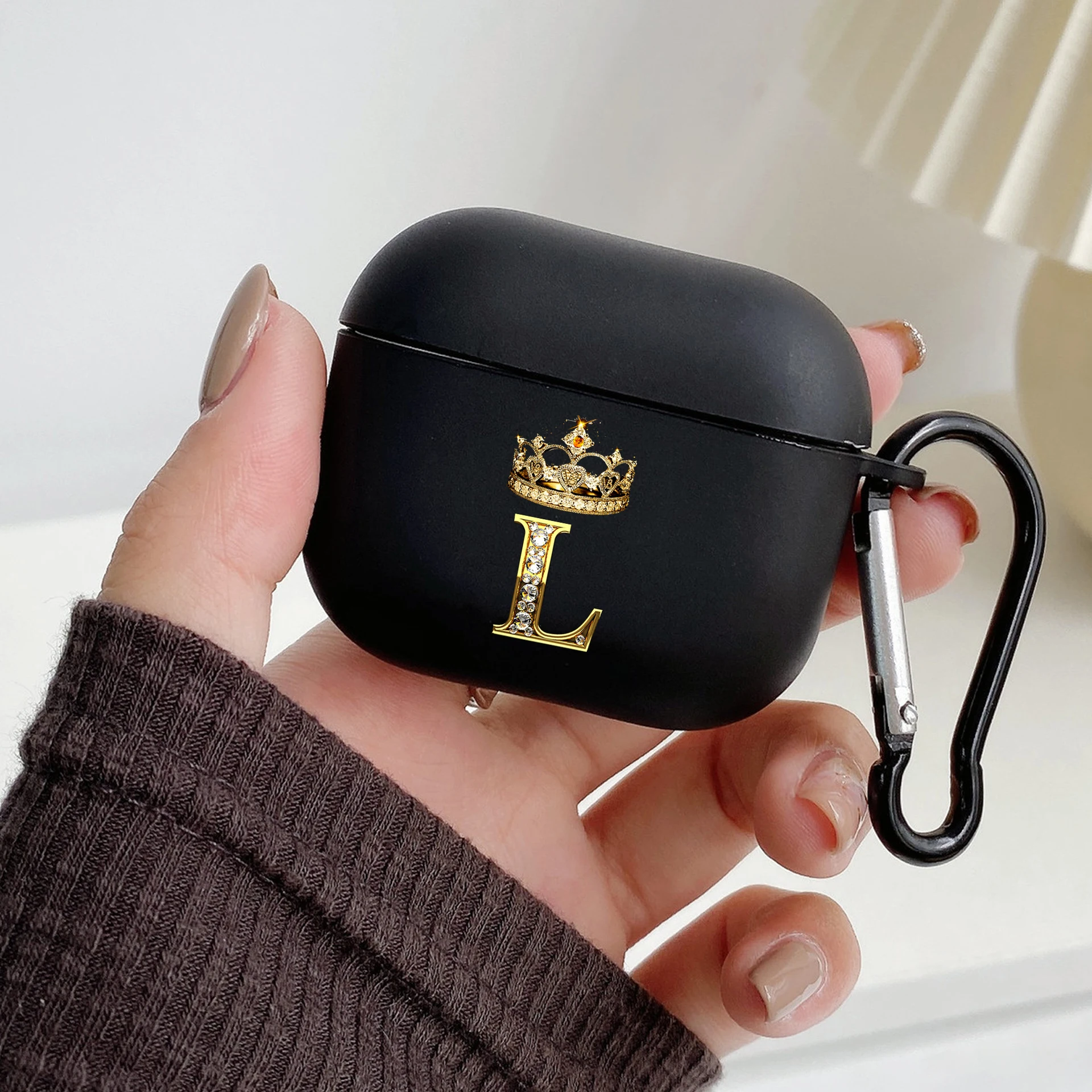 Diamond Crown Letter Hook Case - Black TPU Soft Earphone Cover