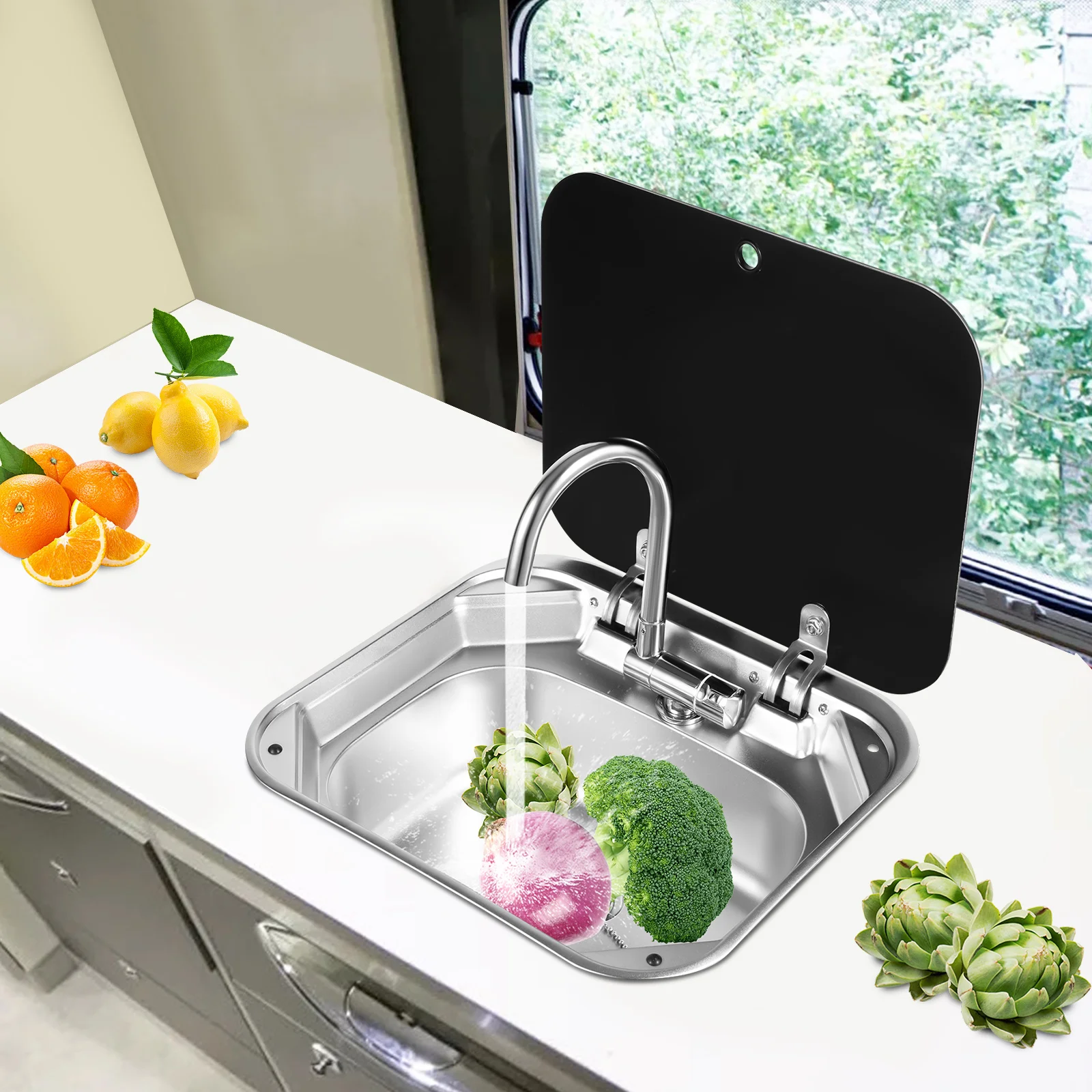 RV Camping Sink Kit Drop-in Hand Wash Basin With Hot and Cold Regulation Tap Folding Faucet for RVs Bars Hotels Cafes etc