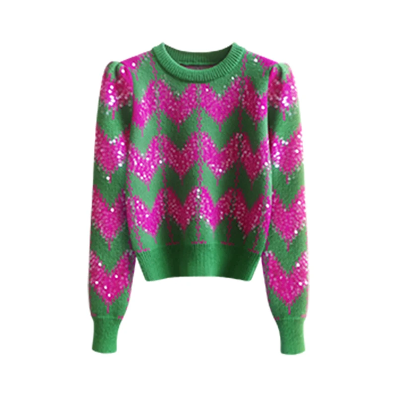 

Vintage Patchwork Sequins Sweater Women O-Neck Knitted Pullover 2024 Spring Winter Puff Sleeve Tops Ladies Chic Sweaters Jumpers