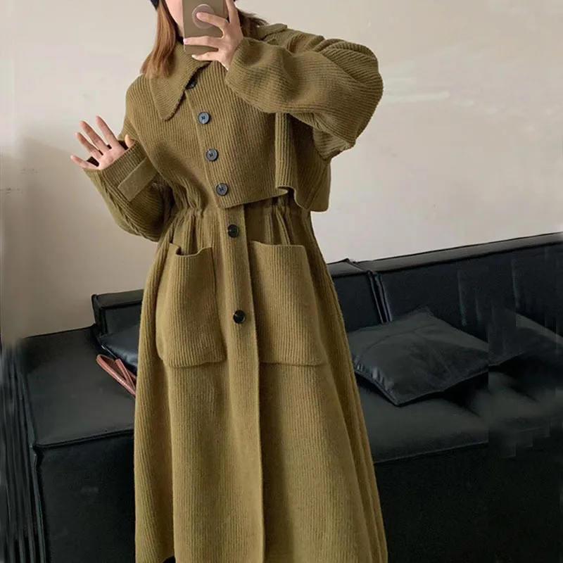 

Элегантные женские вязаные Длинные куртки с отложным воротником приталенная винтажная ветровка осень-зима теплый однобортный Кардиган пальто