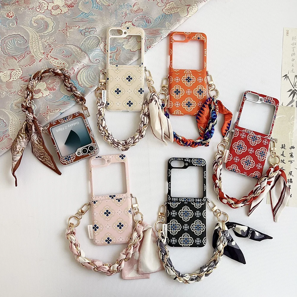 Luxury Embroidered Floral Phone Case with Ribbon Chain