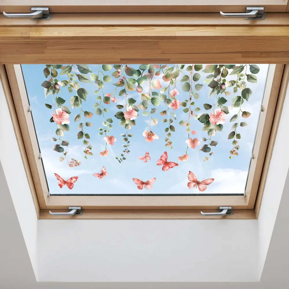 Green Vines Flowers Butterfly Glass Windows Home Landscaping Decoration Electrostatic Uv Window Stickers 1PCS