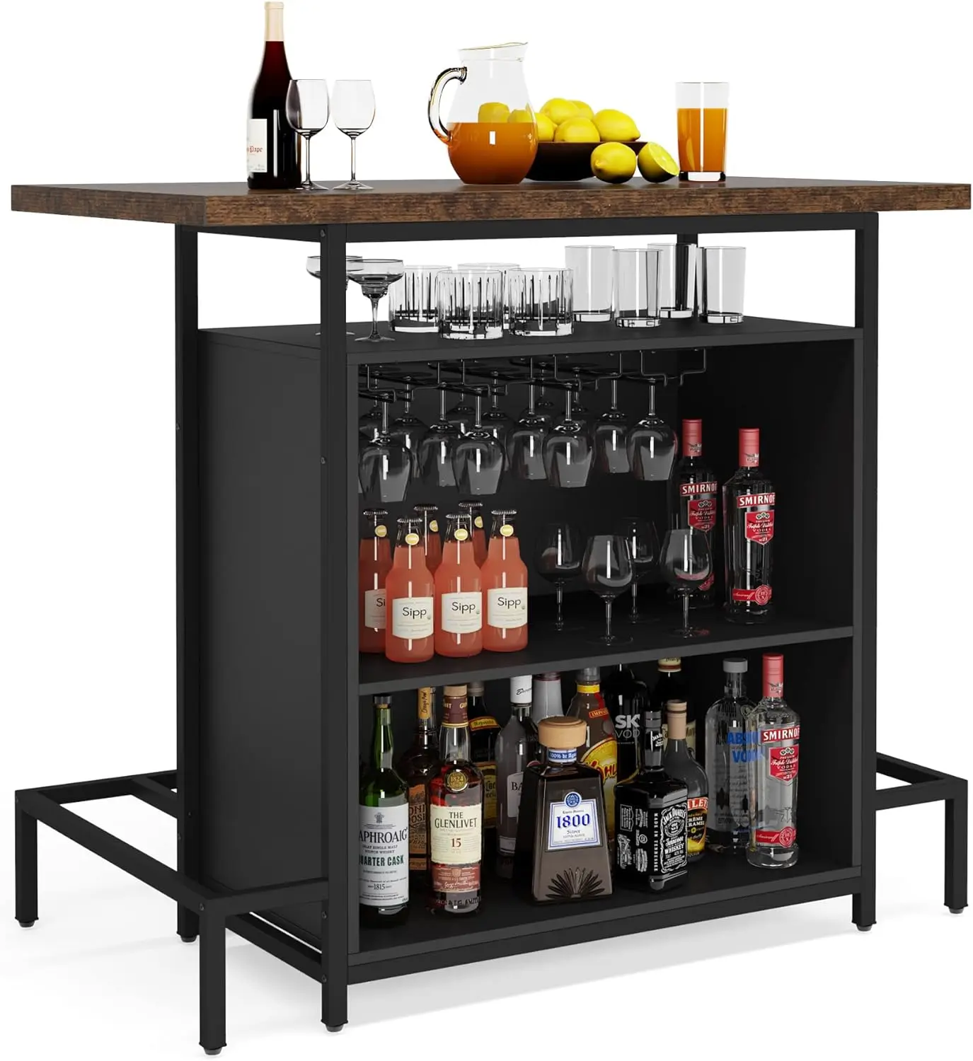 

Home Bar Unit Cabinet with Footrest, Industrial 3-Tier Liquor Bar Table with Stemware Rack and Wine Storage