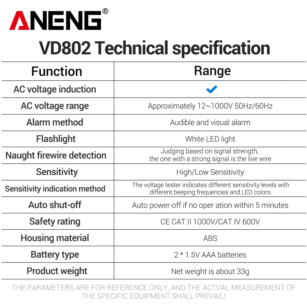 비접촉식 전압 테스터 12V-1000V AC NCV 감지 활선 테스트 음향 시각 알람 손전등 전기 기술자용 ANENG VD802