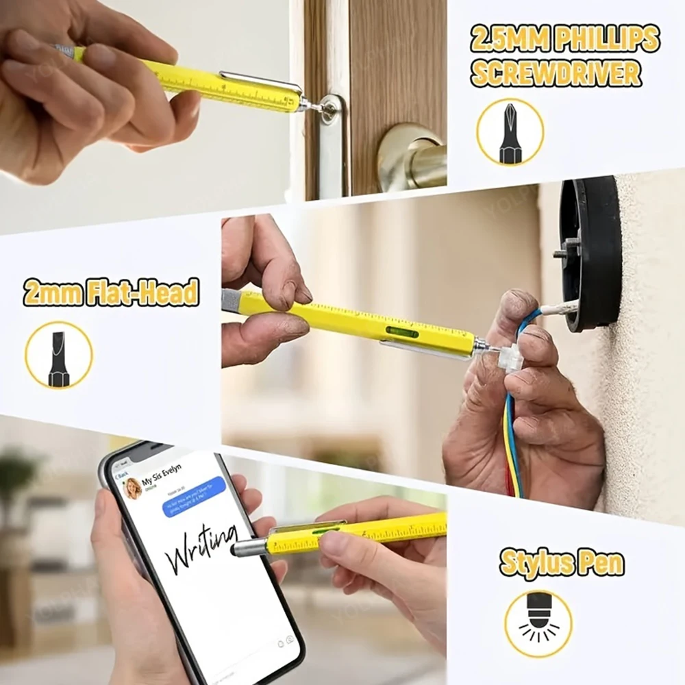 Metal 7-in-1 Multi Tech Tool Pen with Screwdriver Ruler Level Gauge Ballpoint Pen Touch Screen Stylus for Men Engineers Gifts