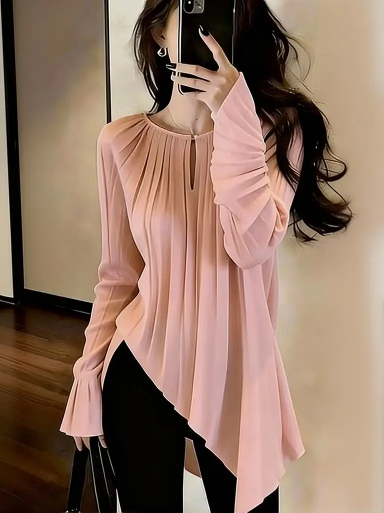 Plissiertes Elegantes Damen-Oversize-T-Shirt Langarm Chiffon Baggy Top Weiß Rundhals Basic Tees Locker Lässig Frühling
