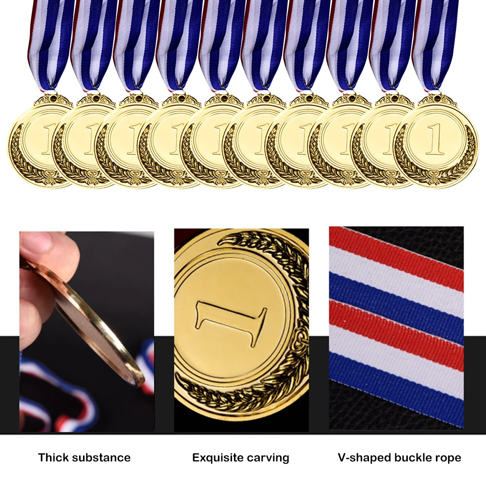 10Pcs 골드 상 메달 아연 합금 청동 상 메달(목 리본 포함) 우승자 보상 배지 2인치 교실 사무실 게임용
