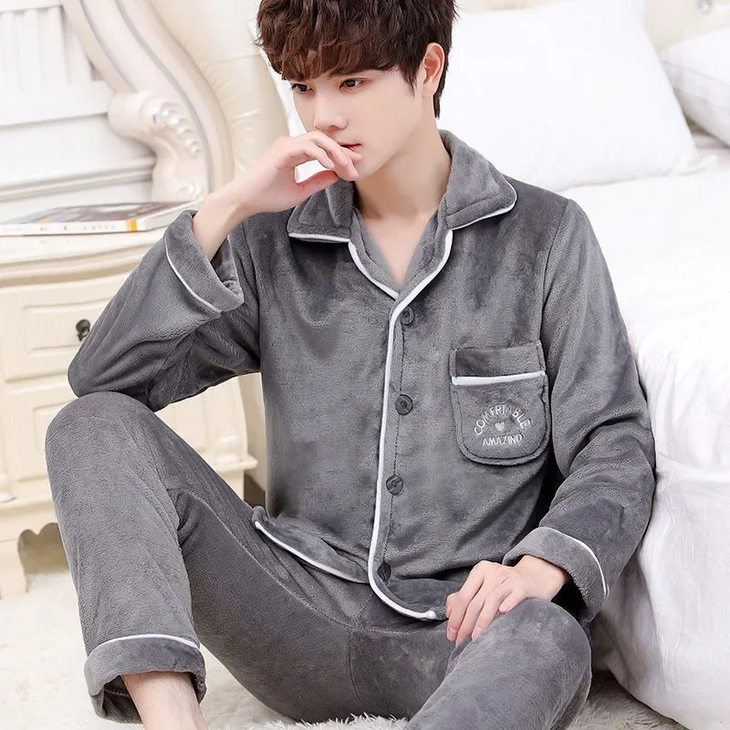 2024 New Men's Coral Velvet Pajamas Autumn Winter Warm Loungewear Thickened Flannel Cardigan Sleepwear Set V-neck Plush Homewear