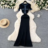 YuooMuoo Chic Fashion Sexy Packages Knitted Maxi Dress Spring Summer Vintage Denim Patchwork Long Sweater Dress Lady Vestidos - Image 4