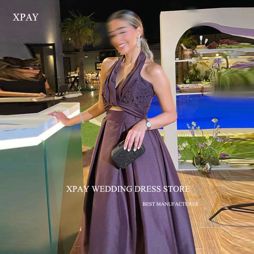 

XPAY Grape Purple Satin Evening Dresses Saudi Arabic Women Beads Halter Prom Gowns Formal Occasion Dress Long Party Vestidos