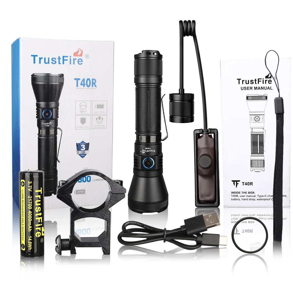 Trustfire T40R 전술 충전식 램프, 1800 루멘, 550 미터 빔 범위 LED 손전등, USB 충전 자기 방어 IP68 토치