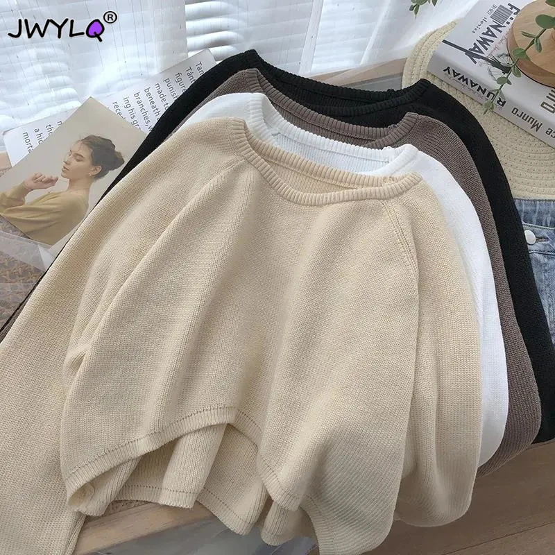 

Vintage O Neck Cropped Sweater Solid Color Simple Loose Long Sleeve Knitted Pullover Sweater Women Streetwear Short Sweater 2023