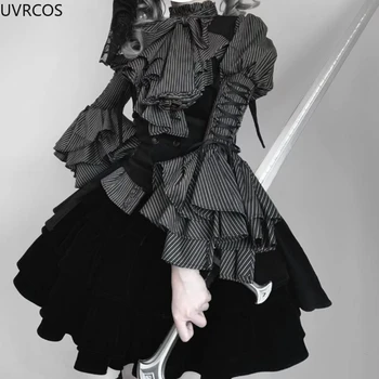 Set di gonne stile Lolita gotico giapponese Y2k da donna Camicetta a righe con fiocco dolce Soffici gonne con torta Moda Dark Academia JK Suit 2024 1