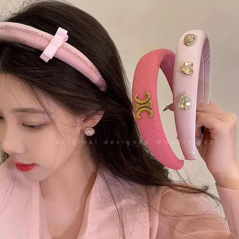 

Women Pink Bow Sponge Headband Heart Rhinestone Satin High-End Hairband Gentle and Temperament Hair Clips Light Luxury Headwear