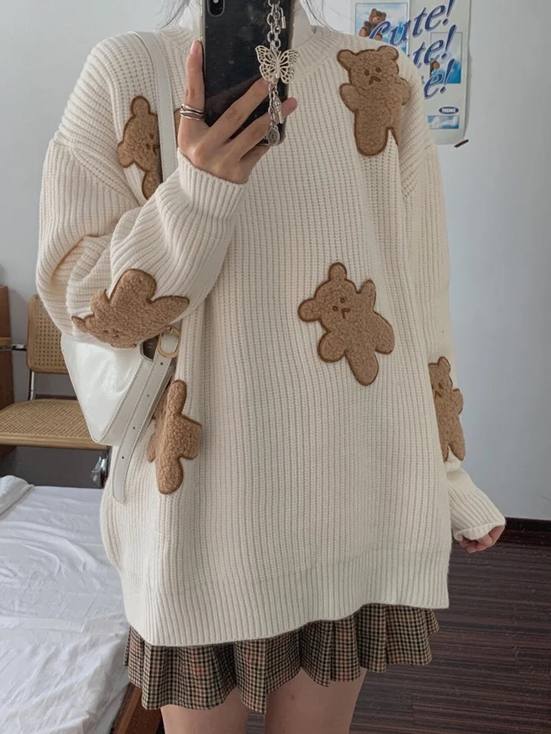 

Fall and Winter 2023 New Women Beige Sweater Pullover Japanese Cartoon Bear Sweater Female Thick Line Loose Hedging Outer Wear