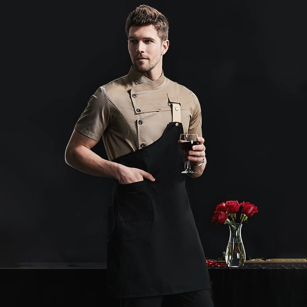 Khaki Chef Uniform Catering Workwear Head Chef Shirts Cooking Coat Chef Jacket Summer Restaurant Barber Shop Waiter Shirt Apron - Image 4