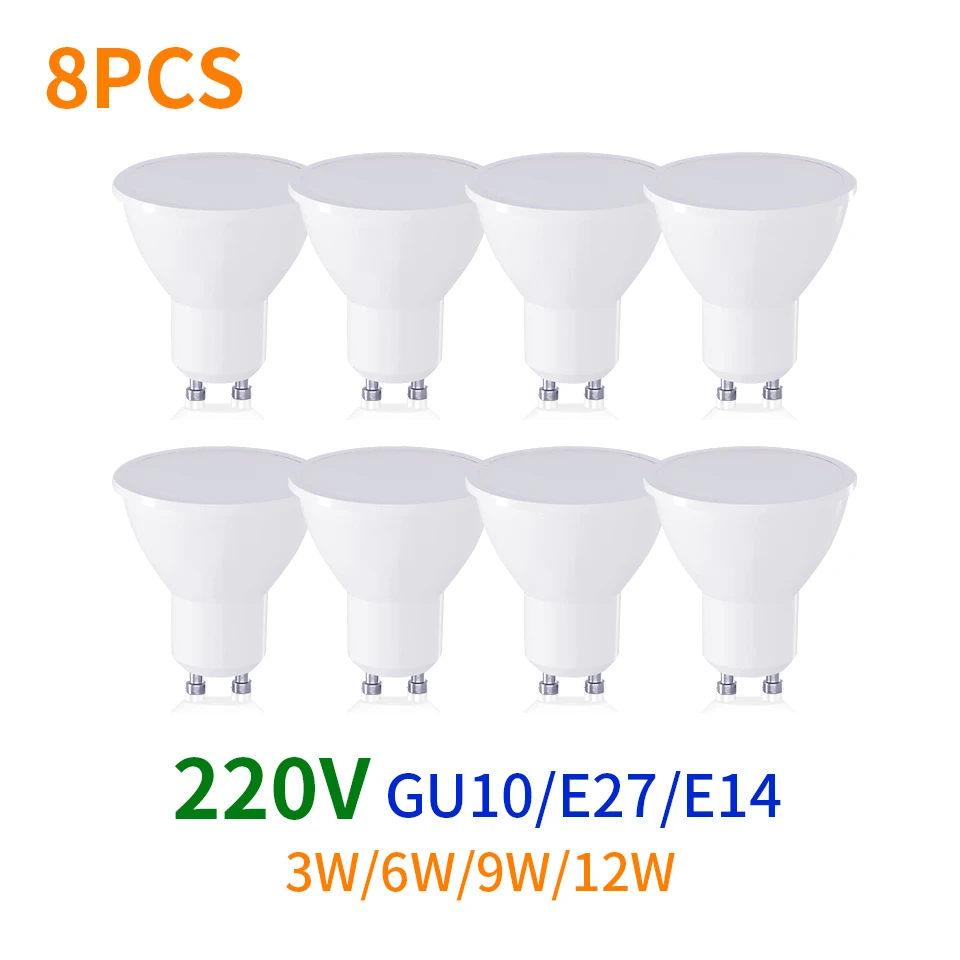Ampoule LED GU10 E14 220V, 8 pièces, budgétaire 3W 6W 9W 12W LED 2835 SMD, éclairage intérieur, décoration de la maison